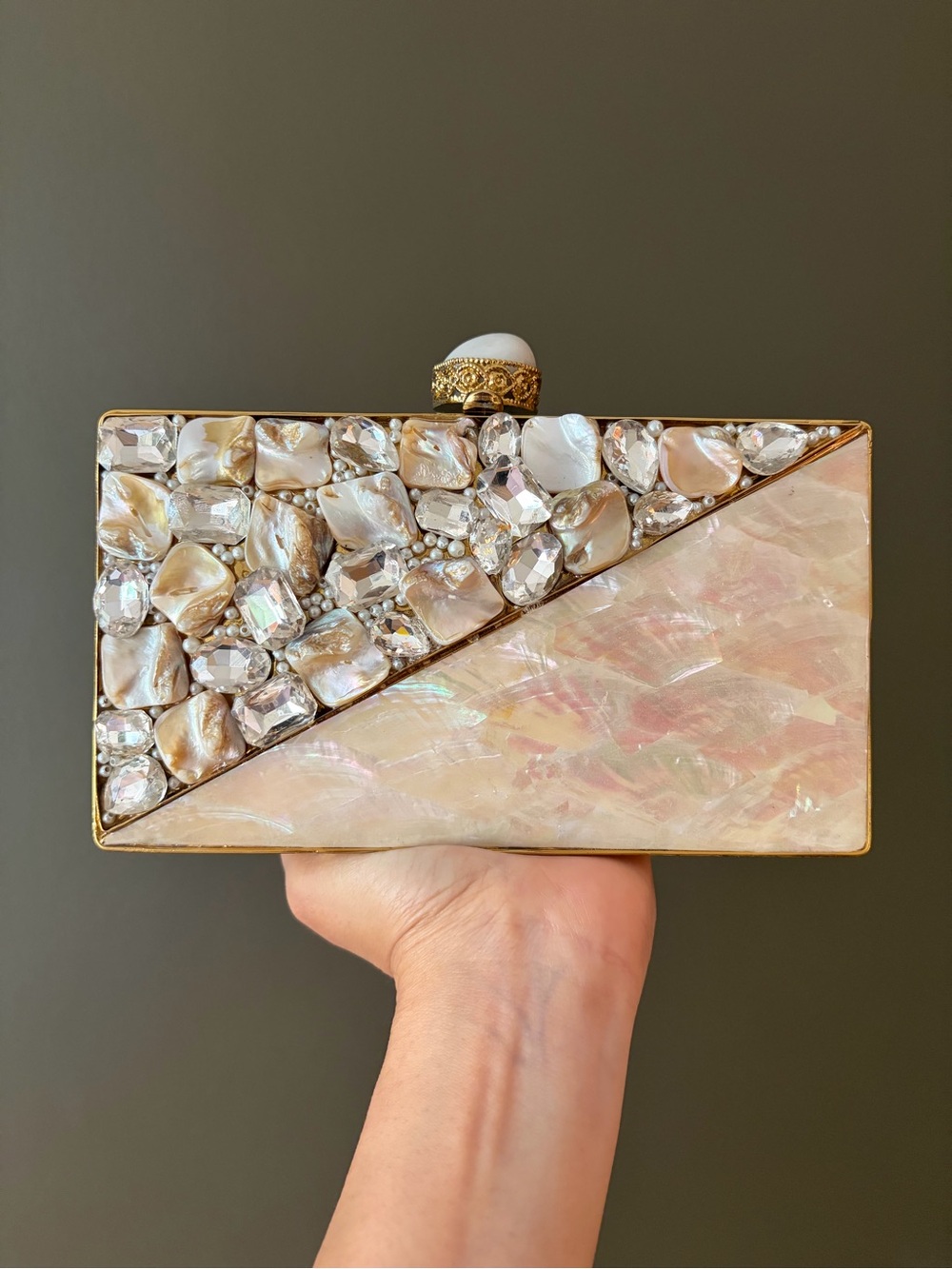 Elegant Pearl & Crystal Embellished Rectangular Clutch - Pink Pearl